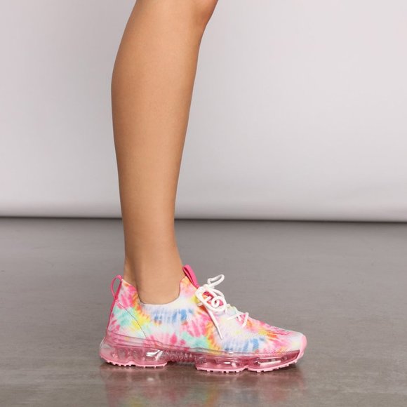 NEW🔥 Pink Multi Tie Dye Lace-Up Stretchy Bubble Air Cushioned Sneaker Slip-On - Picture 5 of 10